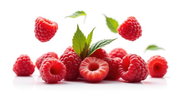 Raspberry isolated. Red raspberries accompanied by green leaves isolated on a white background. Collection of raspberries and leaves in motion. Full depth of field.
