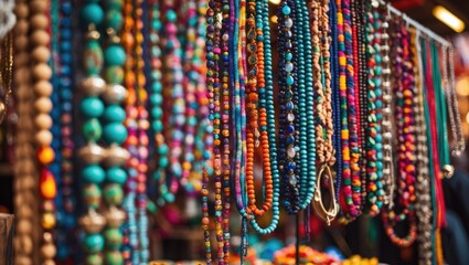 Close-up view of an assortment of colorful handmade bracelets available for purchase.