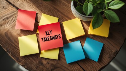 Concept of Key Takeaways written on sticky notes placed on a Wooden Table.