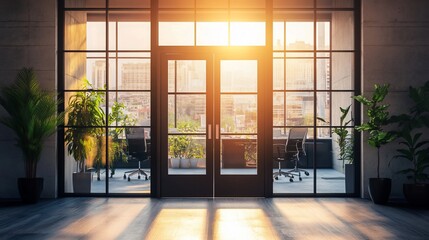 Modern office with city view at sunrise, showcasing a bright workspace