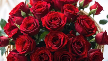 Obraz premium A basket containing a bouquet of red roses set against a white background. Blooming flowers, festive theme for greeting card, flat lay, best wishes, close up.
