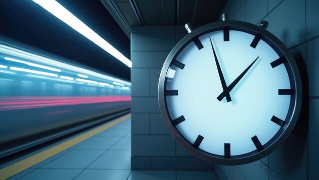 Rush hour fast traffic moving rapidly drives a time lapse clock ticking quickly with light effects in each subway lane.