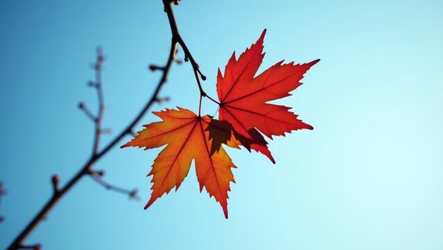 Red and brown autumn leaves on a branch suggesting death and plant hibernation in fall.