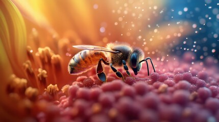 Naklejka premium A close-up of a honeybee collecting nectar from a vibrant sunflower