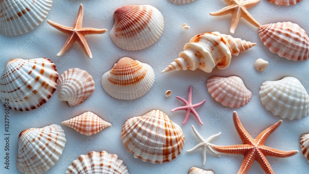 Poster collection of seashells and starfish on a background with isolation.