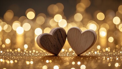 Fototapeta premium Two small handmade wooden hearts on a bright golden bokeh background card.