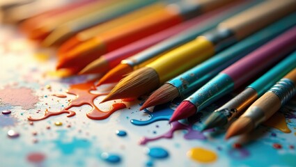 Obraz premium Closeup of a row of artist paintbrushes on an artistic canvas.