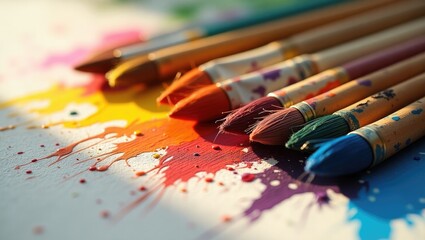 Fototapeta premium Closeup of a row of artist paintbrushes on an artistic canvas.