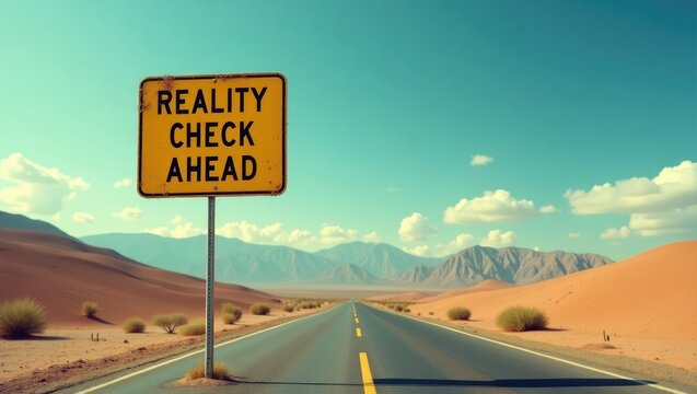 Sign indicating a Reality Check Ahead on a road in the desert.