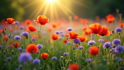 Fototapeta premium Small purple wildflowers and red poppies in a spring meadow. Ecology concept. Stunning photo wallpaper. Natural pattern image. Earth's beauty.