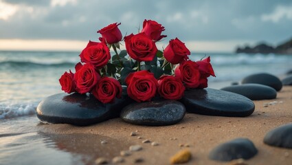 Panoramic view of a single red rose on the beach, with a water backdrop and empty space, symbolizing burial at sea. Funeral flower representation and condolence card theme.