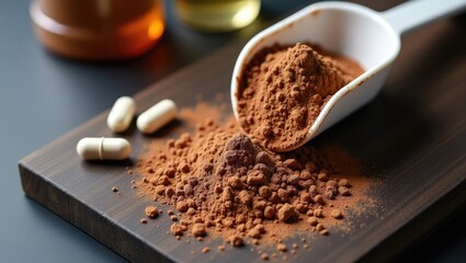 Scoop of chocolate whey protein isolate, white amino acid and creatine capsules, bodybuilding dietary supplements on a dark wooden surface, top view.