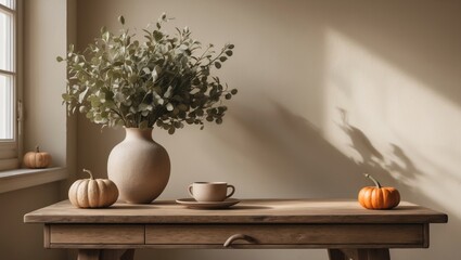 Elegant autumn home interior. Vase containing olive branches. Small pumpkins on a wooden desk. Home office setup. Scandi design. Cup of tea or coffee, beige wall mockup.