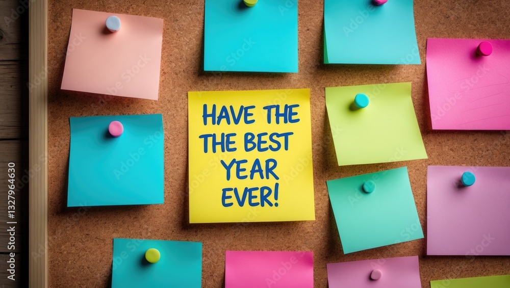 Poster collection of colorful sticky note paper reminder notes pinned on cork bulletin board. empty space f