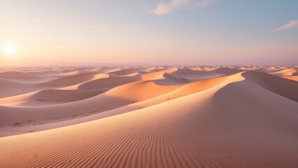 Landscape featuring sandy dune in a valley. Nature backdrop with red sand dunes at sunrise, offering free space for your text in the sky and soft light gradients, devoid of people.