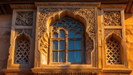 Obraz premium Closed window of an ancient house featuring wall carvings. Architectural tradition.
