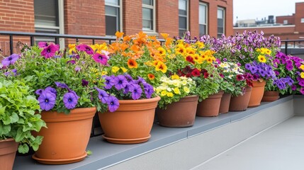 A rooftop terrace decorated with an array of potted petunias and begonias.
