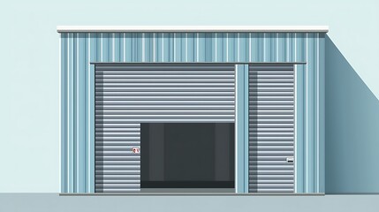Exterior of a light-blue metal warehouse building with a large, gray sectional overhead door