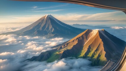 View of the stunning mountains observed from the aircraft, showcasing several peaks.
