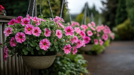 A row of petunias in hanging pots, cascading beautifully over a patio.