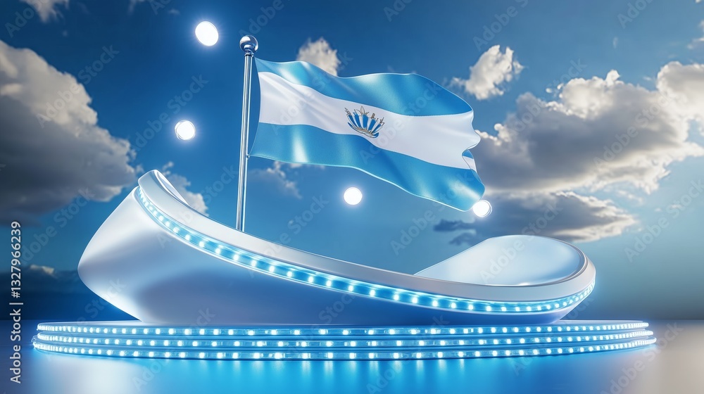 Poster 3d illuminated podium displaying flag of san marino in a dynamic scene