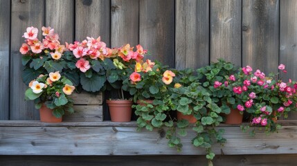 A rustic wooden stand displaying potted begonias and African violets.