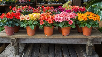 A rustic wooden stand displaying potted begonias and African violets.