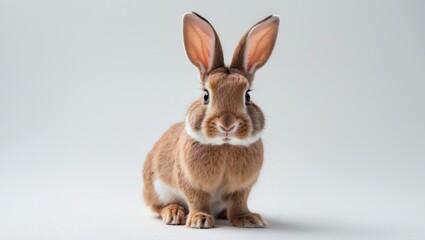 Fototapeta premium Red bunny rabbit portrait facing the viewer against a white background.