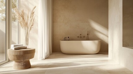 Fototapeta premium Modern Minimalist Beige Bathroom Interior with Freestanding Bathtub and Natural Light