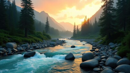 A captivating landscape features a sinuous river flowing through a lush, green forest. Its vigorous waters energetically carve through rocky terrain, determined and unwavering. Smooth, weighty ston...