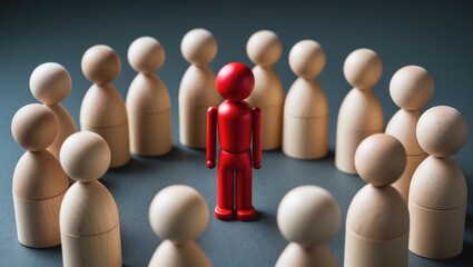 Red human figure at the center of a circle of individuals. Cooperation and teamwork.