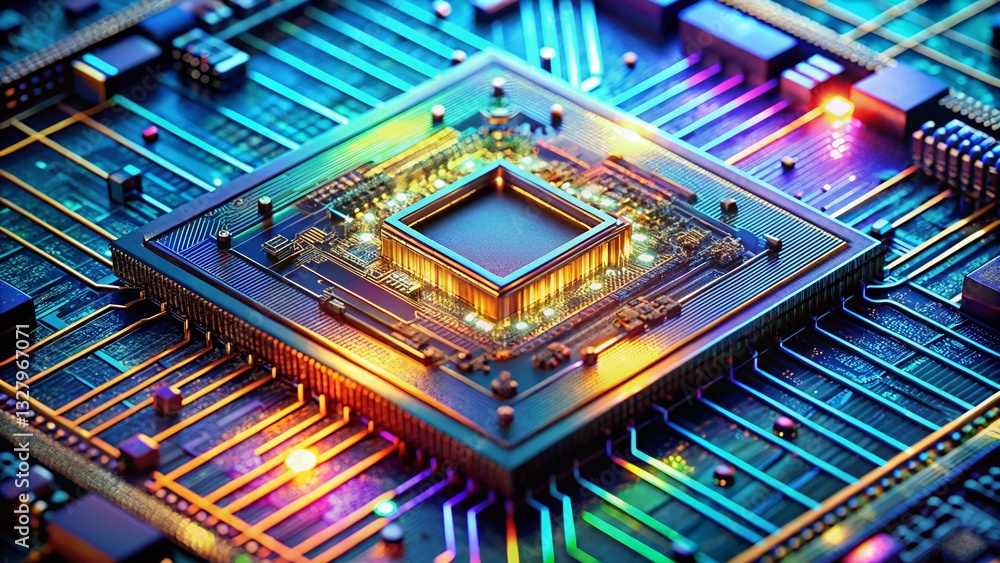 Poster Macro Photo: Quantum Computer Chip Complexity, Microscopic View of Quantum Computing Challenges