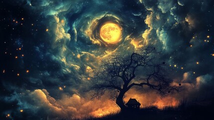 Fototapeta premium Night Sky Landscape with Glowing Moon and Silhouette Tree
