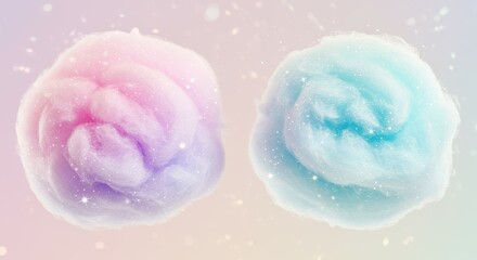 Fototapeta premium Fluffy cotton candy swirls in dreamy pastel colors of pink and blue, sprinkled with magical sparkles. This whimsical treat evokes nostalgia and delight, perfect for festive occasions or desserts.