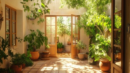 Fototapeta premium A spacious indoor patio with a collection of large potted plants.