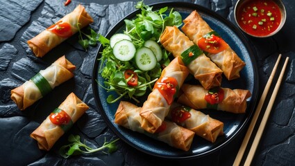 Fried spring rolls with red pepper sauce, presented on a traditional plate alongside fresh green salad and wooden chopsticks on a black textured background. Flat lay, space. Asian cuisine.