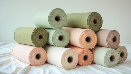 Rolls of pastel-colored fabric on a white background.