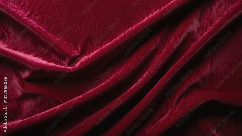 Poster red velvet fabric texture serving as a background. red panne fabric backdrop of smooth and soft text