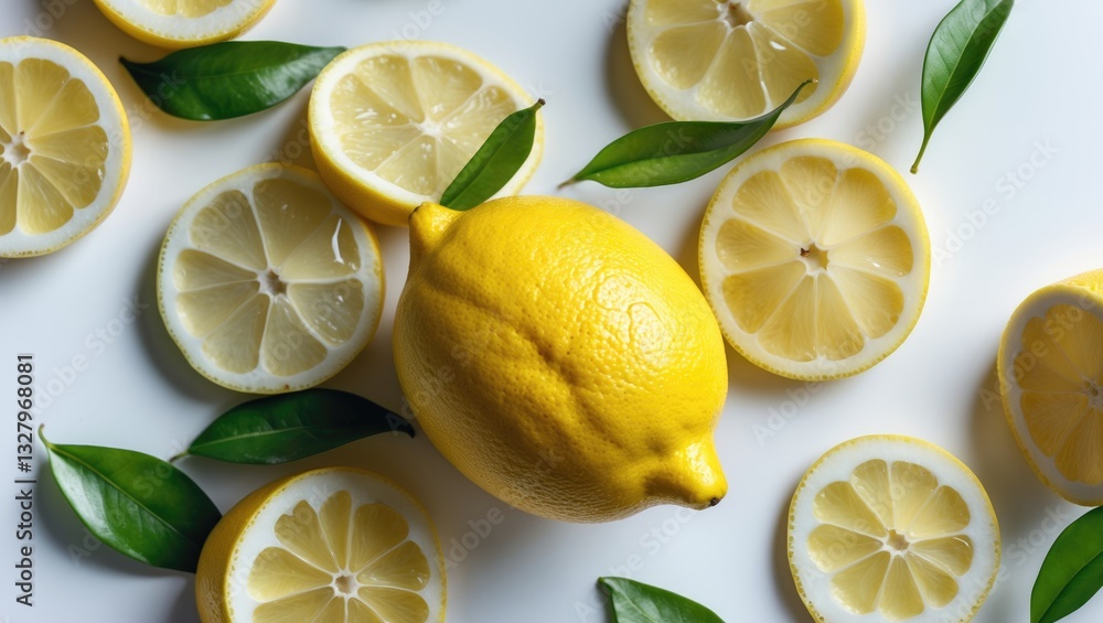 Poster ripe lemon with slices set against a background featuring full depth of field. aerial view. flat lay