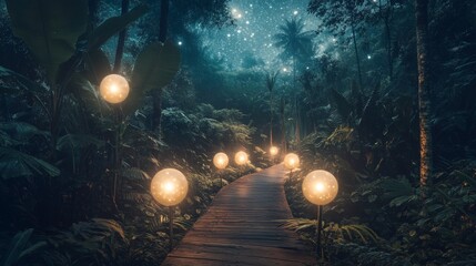Mystical Forest Path: Glowing Orbs Starry Night Wooden Walkway 