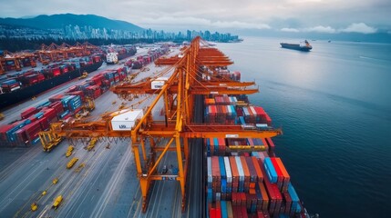 Naklejka premium Aerial View of a Busy Container Port with Cargo Ships and Cranes