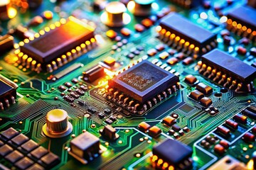 Obraz premium Macro Shot: Circuit Board Detail Symbolizing Website Upgrade & New Features
