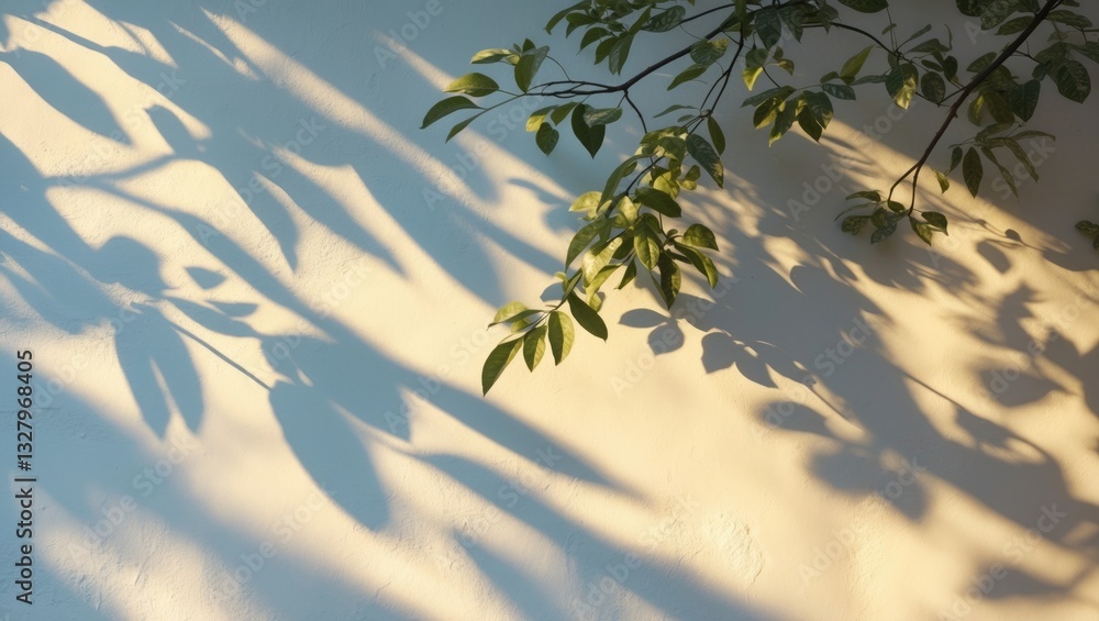 Poster leaf shadow and light on wall background. tropical nature leaves and tree branches cast shade with s