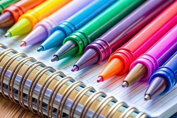 Fototapeta premium Macro Shot: Colorful Pens & Blank Spiral Notebook - Creative Inspiration