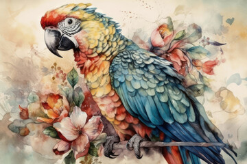 Obraz premium a bright macaw sitting on a branch surrounded by beautiful flowers. 