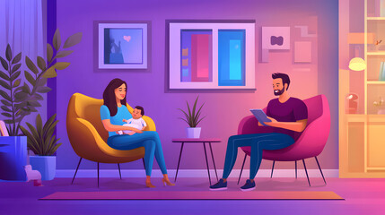 Happy parents with infant choosing professional baby care services