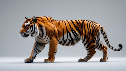 Royal tiger isolated on a white background with a clipping path included. The tiger is focused on its prey. Hunter concept.