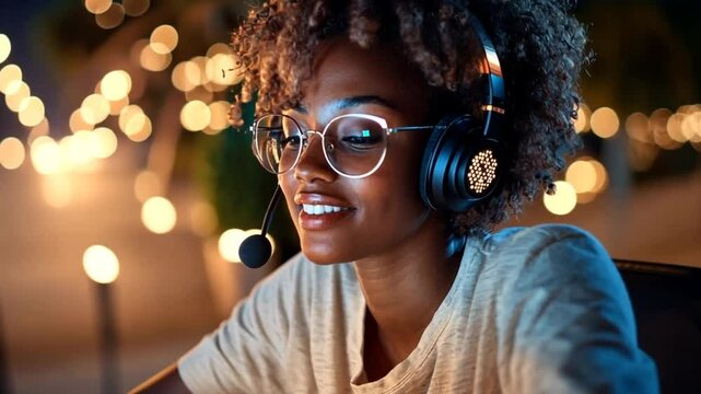 Engaging in an online gaming session during a vibrant evening gathering with soft lights and a joyful atmosphere