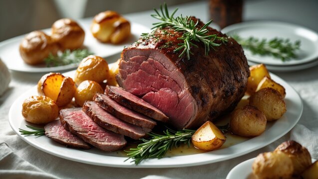 Roast beef joint accompanied by roasted vegetables.