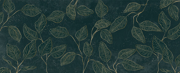 Abstract plant art background with golden leaves in line style with watercolor texture. Hand drawn botanical banner for print, decor, textile, poster, wallpaper, interior © VectorART